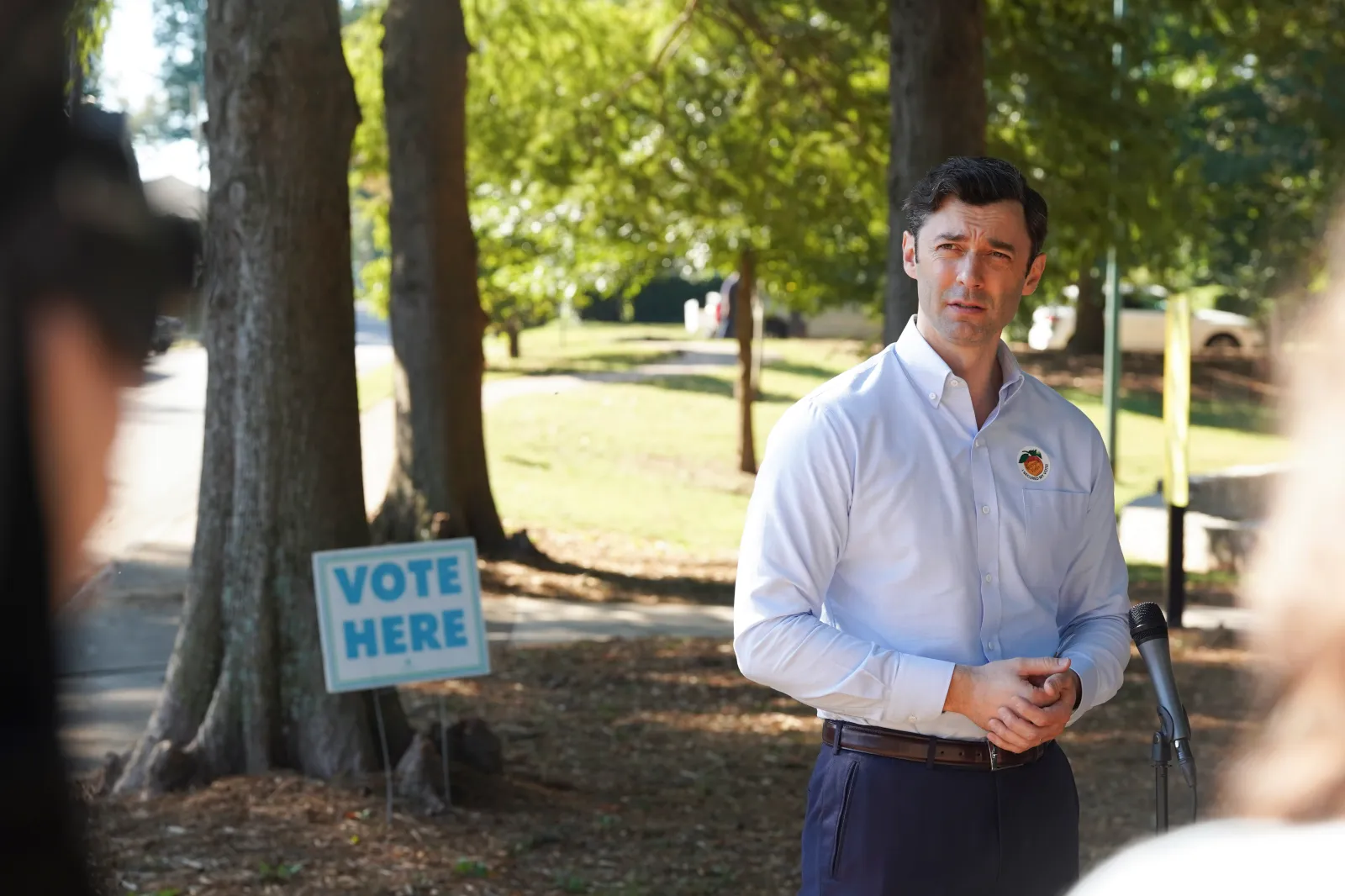 Sen. Jon Ossoff (D-GA) can be seen speaking to members of the media at Bessie Branham Park after casting his vote on October 13, 2026 in Atlanta, Georgia.