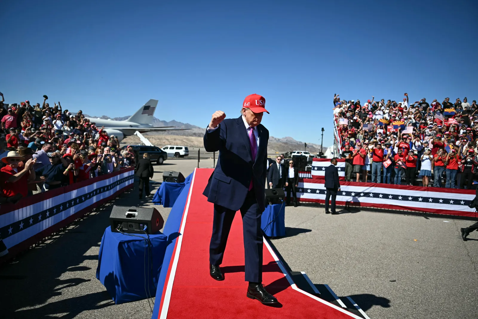 President Donald Trump arrives to speak at a campaign rally at Laughlin/Bullhead International Airport in Bullhead City, Arizona on October 14, 2026.