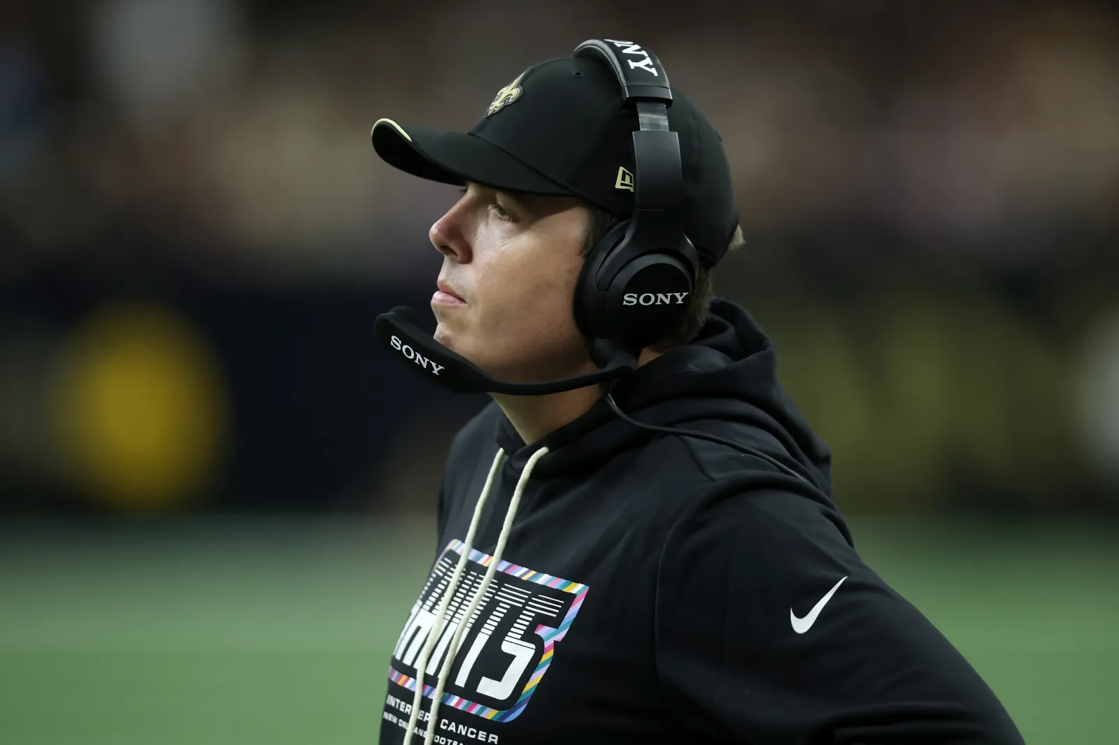 NEW ORLEANS, LOUISIANA - OCTOBER 11: Head coach Kellen Moore of the New Orleans Saints looks on against the Minnesota Vikings during the second half at Caesars Superdome on October 11, 2026 in New Orleans, Louisiana. (Photo by Chris Graythen/Getty Images)