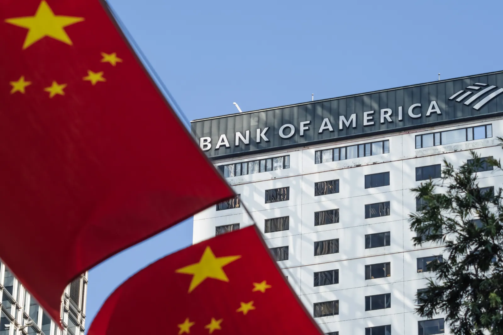 File photo: Chinese national flags fly in front of Bank of America Tower on October 12.