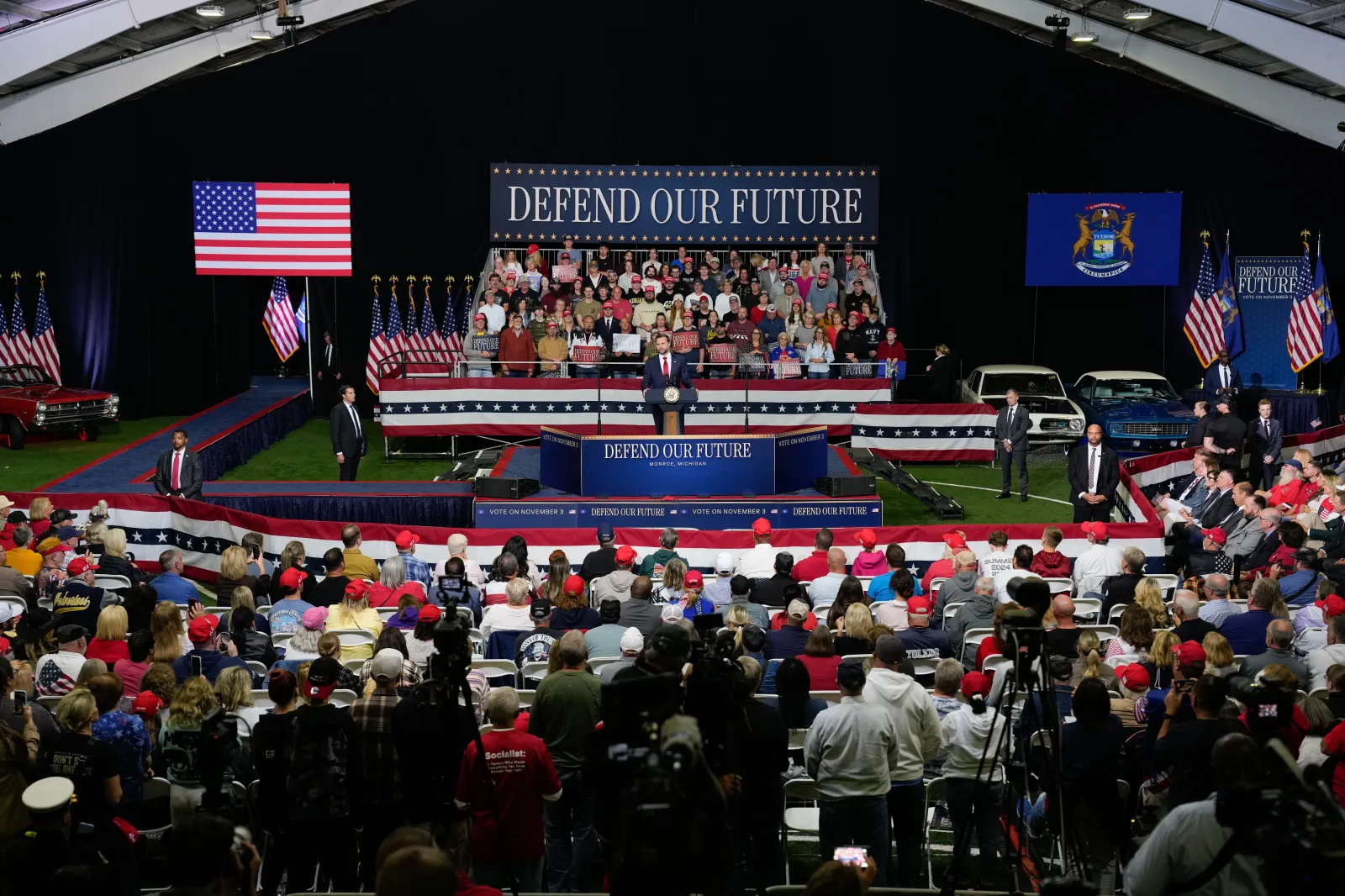Vice President JD Vance speaks during a midterm campaign rally at the LevelUp Training Complex on Thursday in Monroe, Michigan. (Photo by Daniel Heuer-Pool/Getty Images)