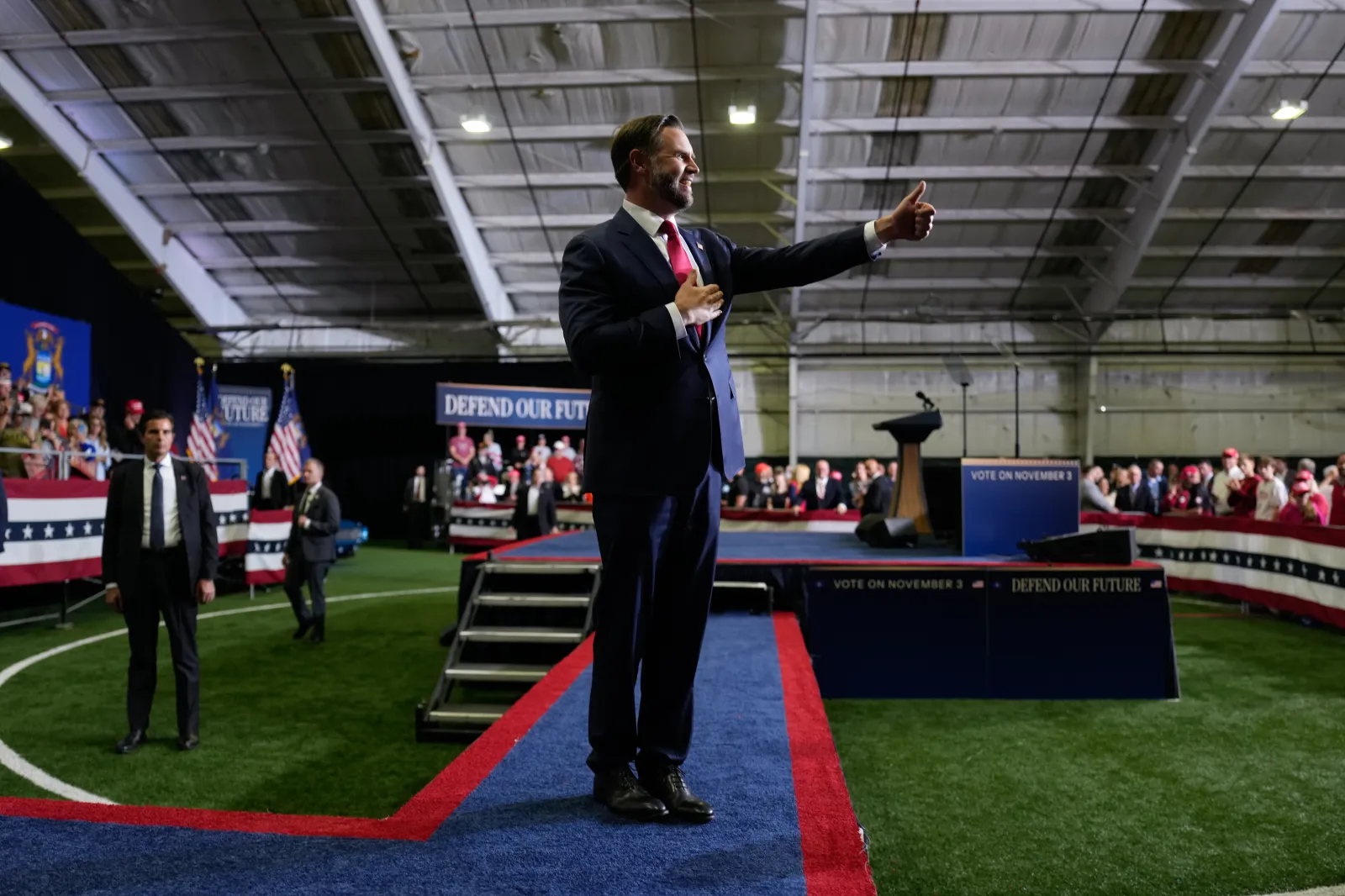 Vice President JD Vance gestures after speaking during a midterm campaign rally at the LevelUp Training Complex on Thursday in Monroe, Michigan. (Photo by Daniel Heuer-Pool/Getty Images)