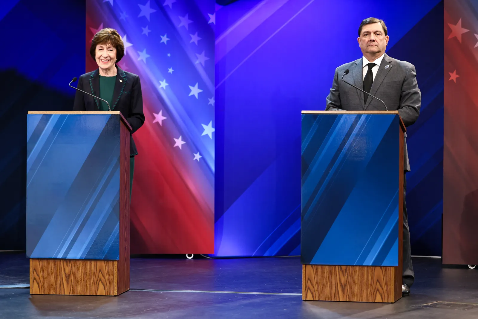 Senator Susan Collins and Troy Jackson participate in a debate in Bangor, Maine, on October 15, 2026.