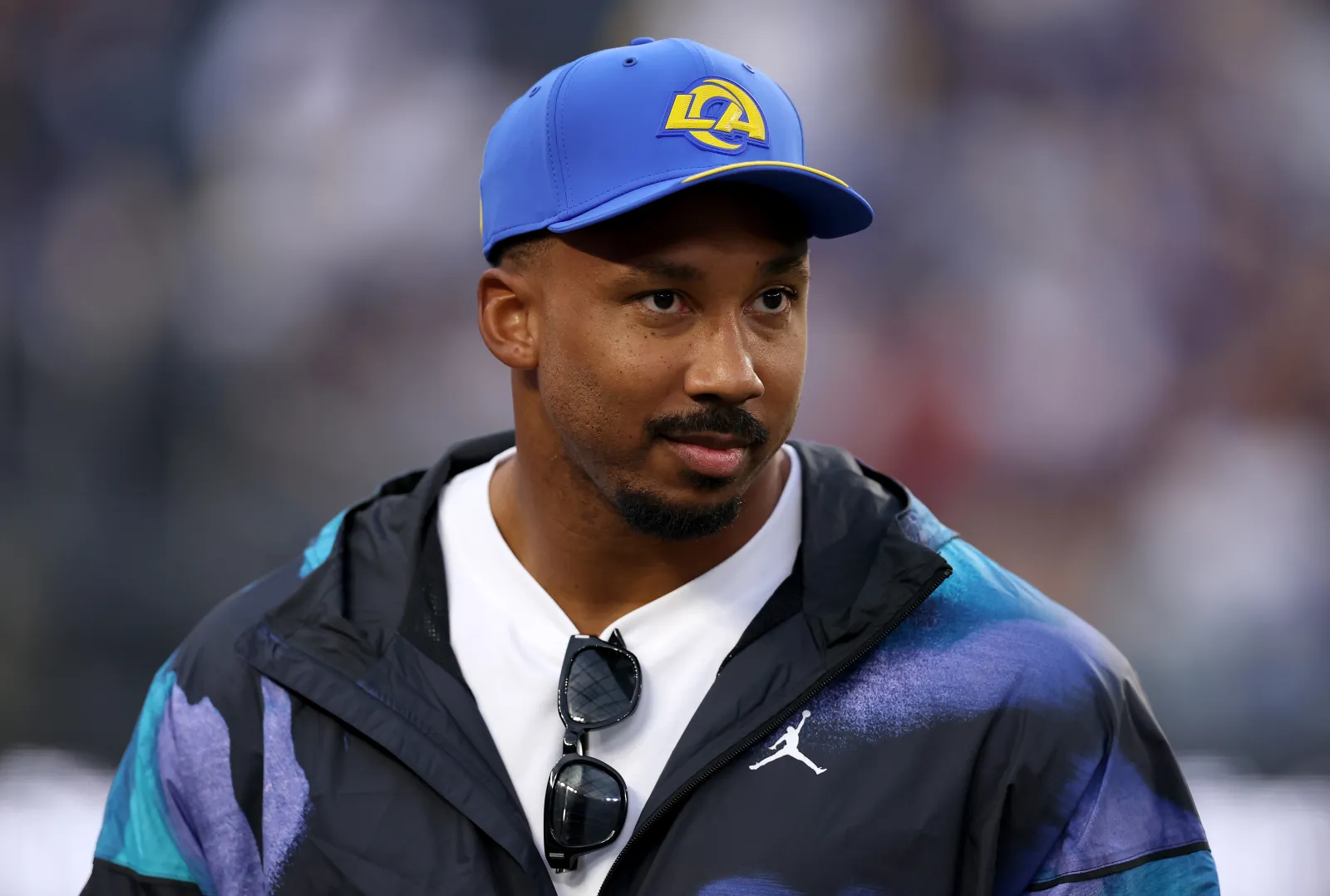 Los Angeles Rams star Myles Garrett on sidelines for game against Buffalo Bills