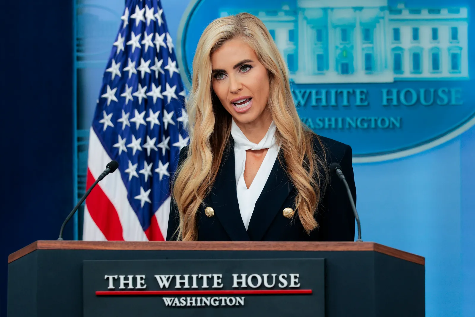 File photo: Katie Zacharia speaks in the James S. Brady Press Briefing Room of the White House, October 13, 2026, Washington, D.C.