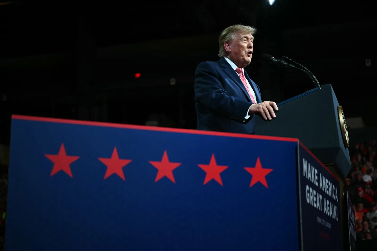 U.S. President Donald Trump speaks during a campaign rally at the Heartland Credit Union Arena in Park City, Kansas, a suburb of Wichita, on October 19, 2026.