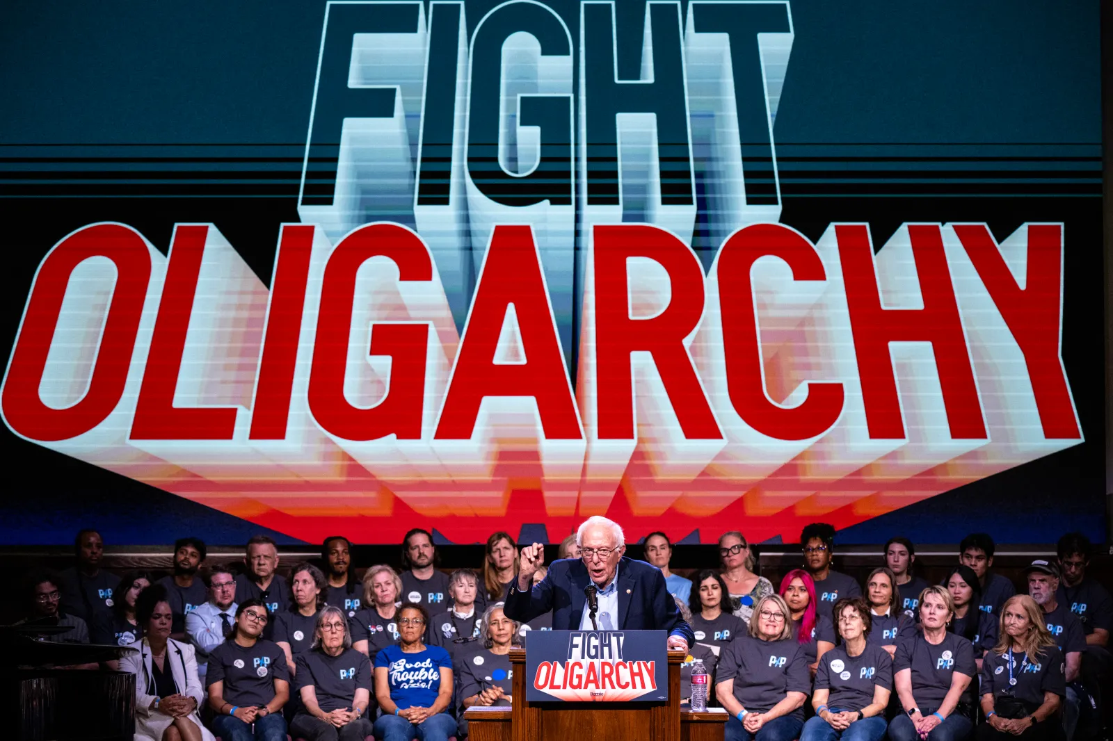 Senator Bernie Sanders speaks during the "Fighting Oligarchy Tour" at Wheeler Avenue Baptist Church in Houston, Texas, on Tuesday. (Photo by Ronaldo Schemidt/AFP via Getty Images)