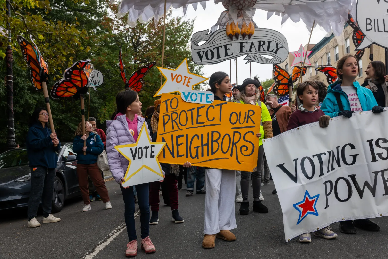 Hundreds of protesters participate in a "No Kings" rally and demonstration in Brooklyn on October 17 in New York City. (Photo by Spencer Platt/Getty Images)