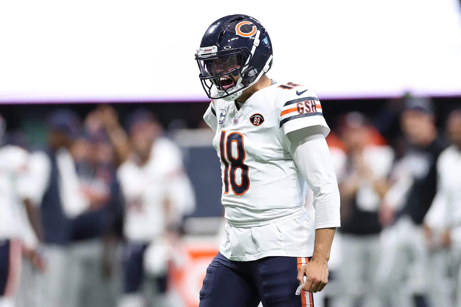 Chicago Bears quarterback Caleb Williams celebrates in game against Atlanta Falcons