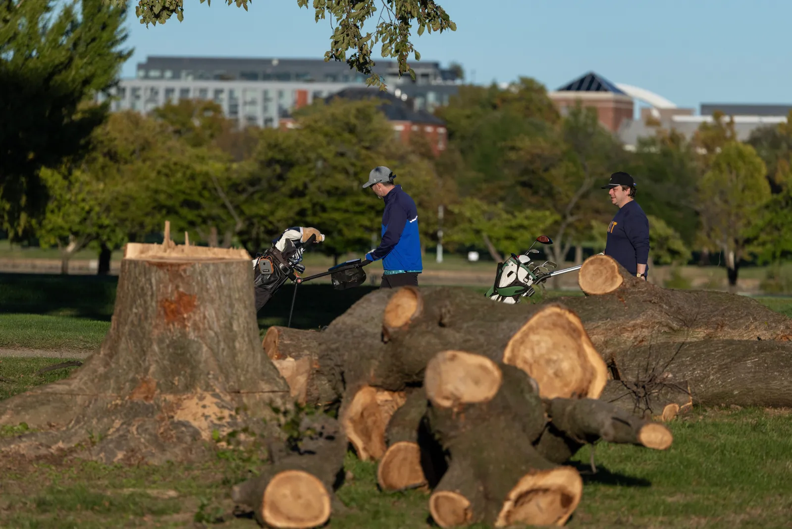 Golfers walk by piles of logs and debris on the course at East Potomac Golf Links on October 18, 2026 in Washington, DC.