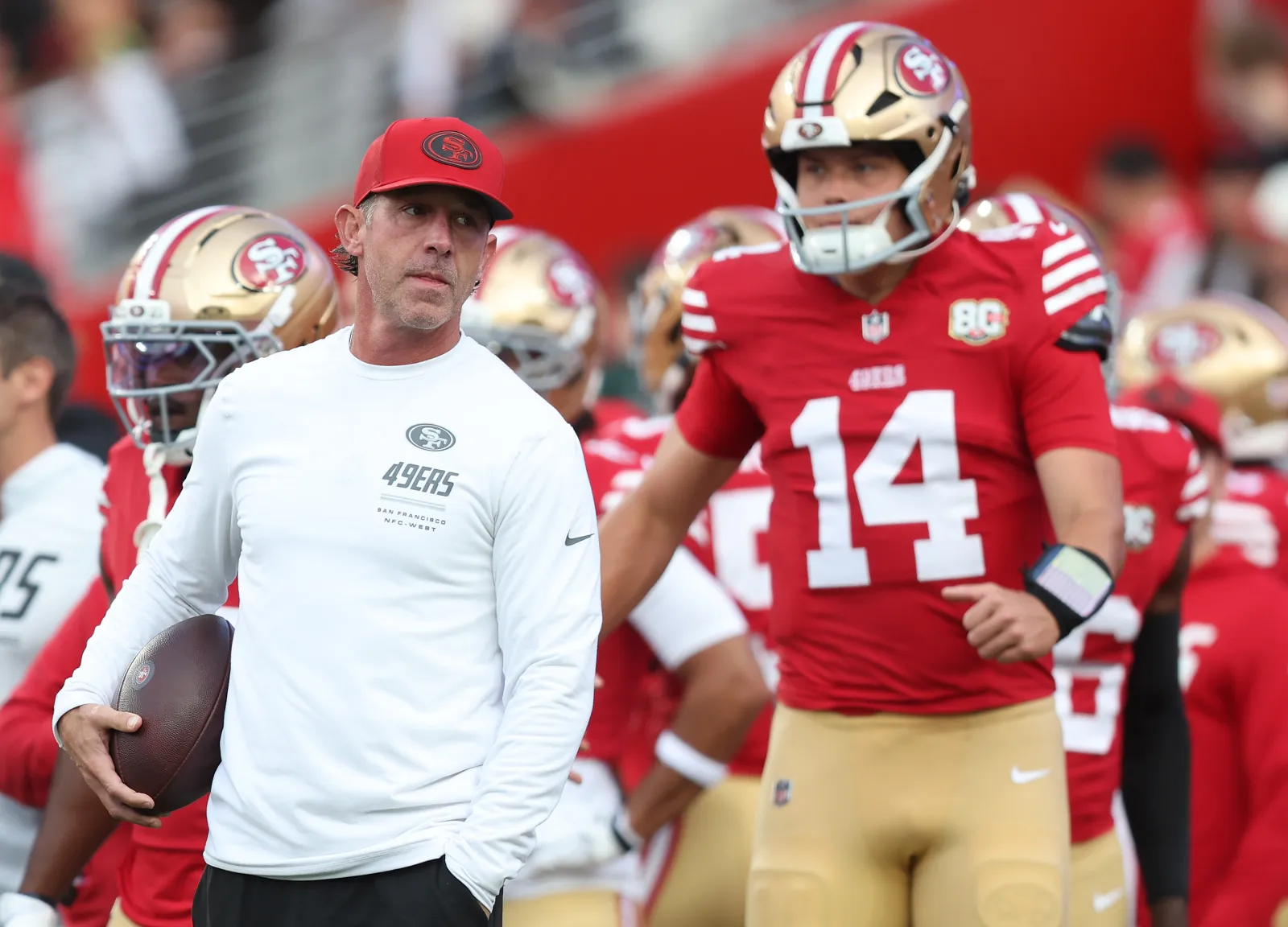 San Francisco 49ers head coach Kyle Shanahan during game against Commanders