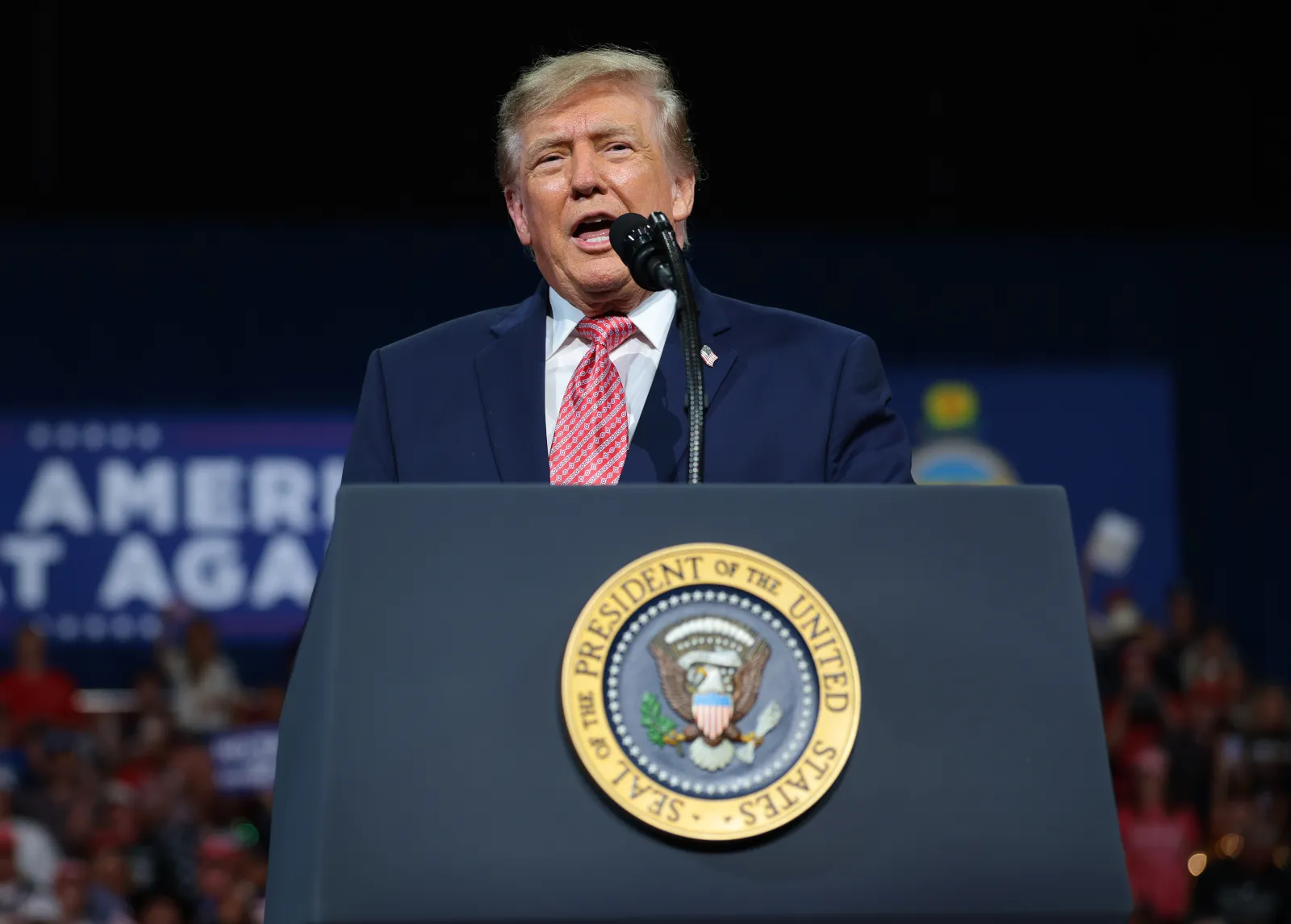 President Donald Trump speaks during a campaign rally at Heartland Credit Union Arena on October 19, 2026 in Park City, Kansas.