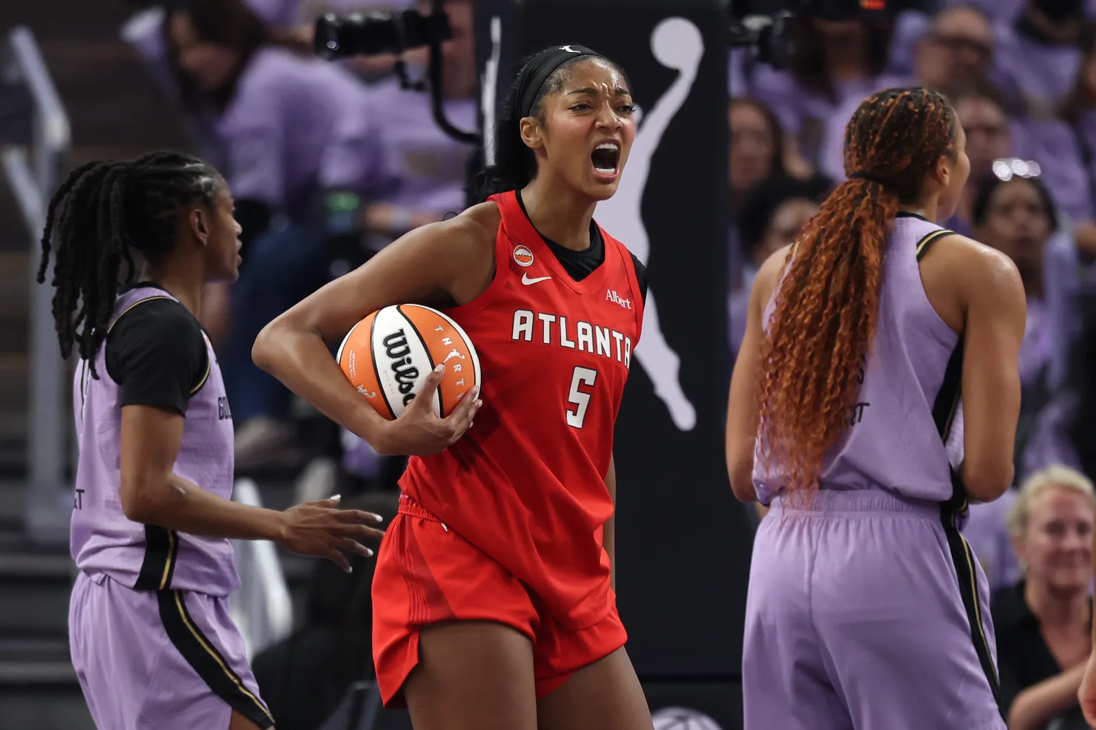 Atlanta Dream star Angel Reese reacts during Game Two of WNBA Finals against Valkyries