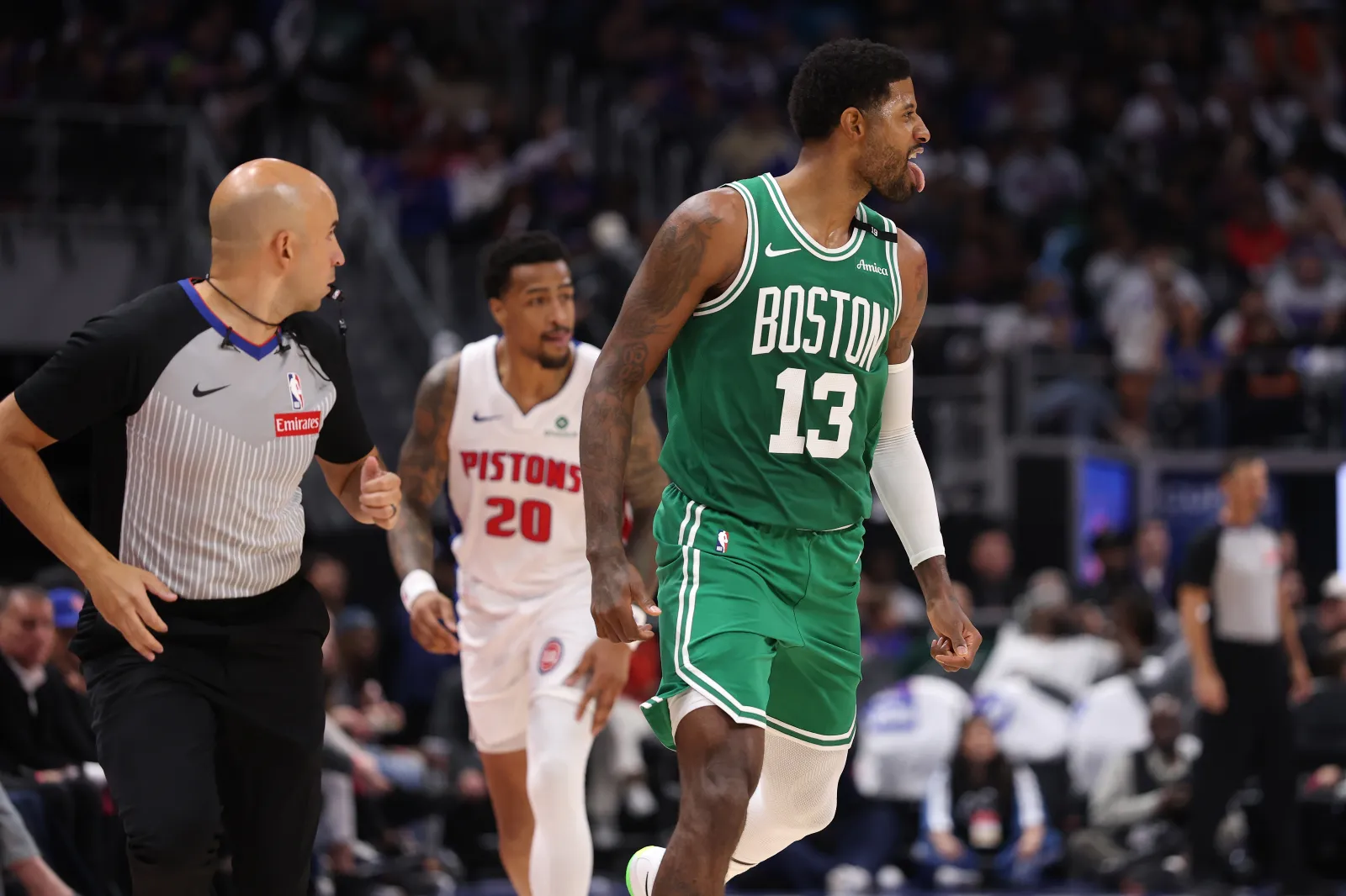 DETROIT, MICHIGAN - OCTOBER 20: Paul George #13 of the Boston Celtics reacts after a second half three point basket against the Detroit Pistons at Little Caesars Arena on October 20, 2026 in Detroit, Michigan.
