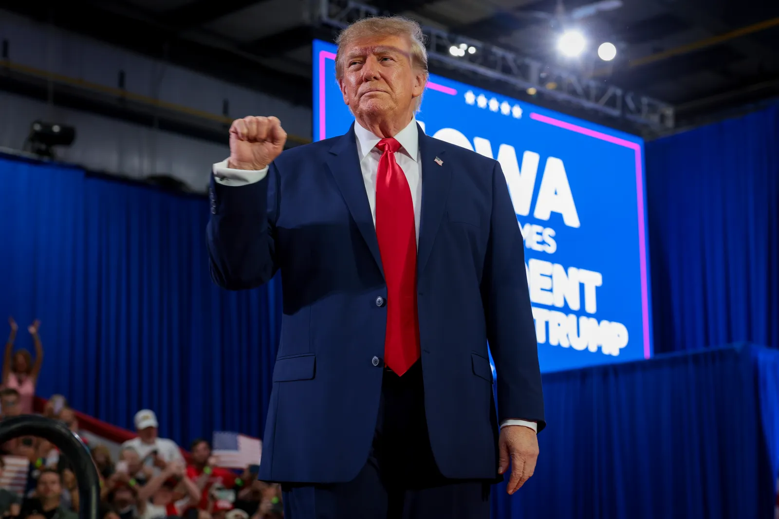 President Donald Trump arrives at a rally at Sioux Gateway Airport on Thursday in Sioux City, Iowa. (Photo by Anna Moneymaker/Getty Images)