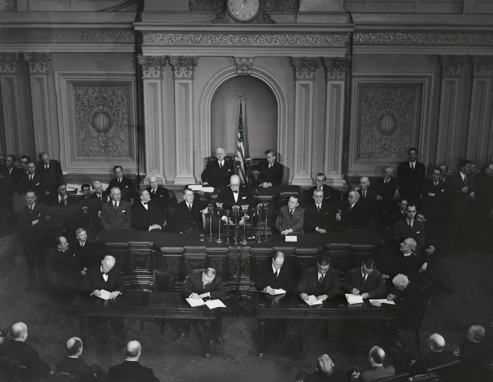 British Prime Minister Winston Churchill addresses a joint session of Congress on December 26, 1941, in Washington, 19 days after the Japanese attack on Pearl Harbor, Hawaii.