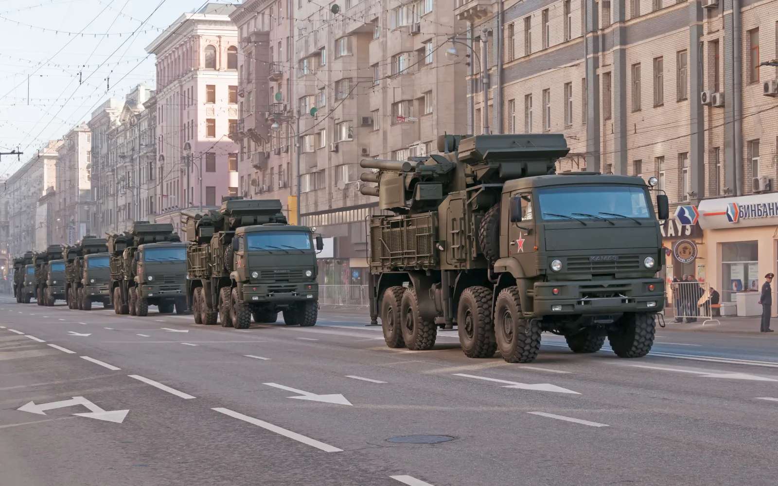 Pantsir-S1 (SA-22 Greyhound) combined short to medium range surface-to-air missile and anti-aircraft artillery weapon systems motorcade moves on display during parade festivities in Moscow
