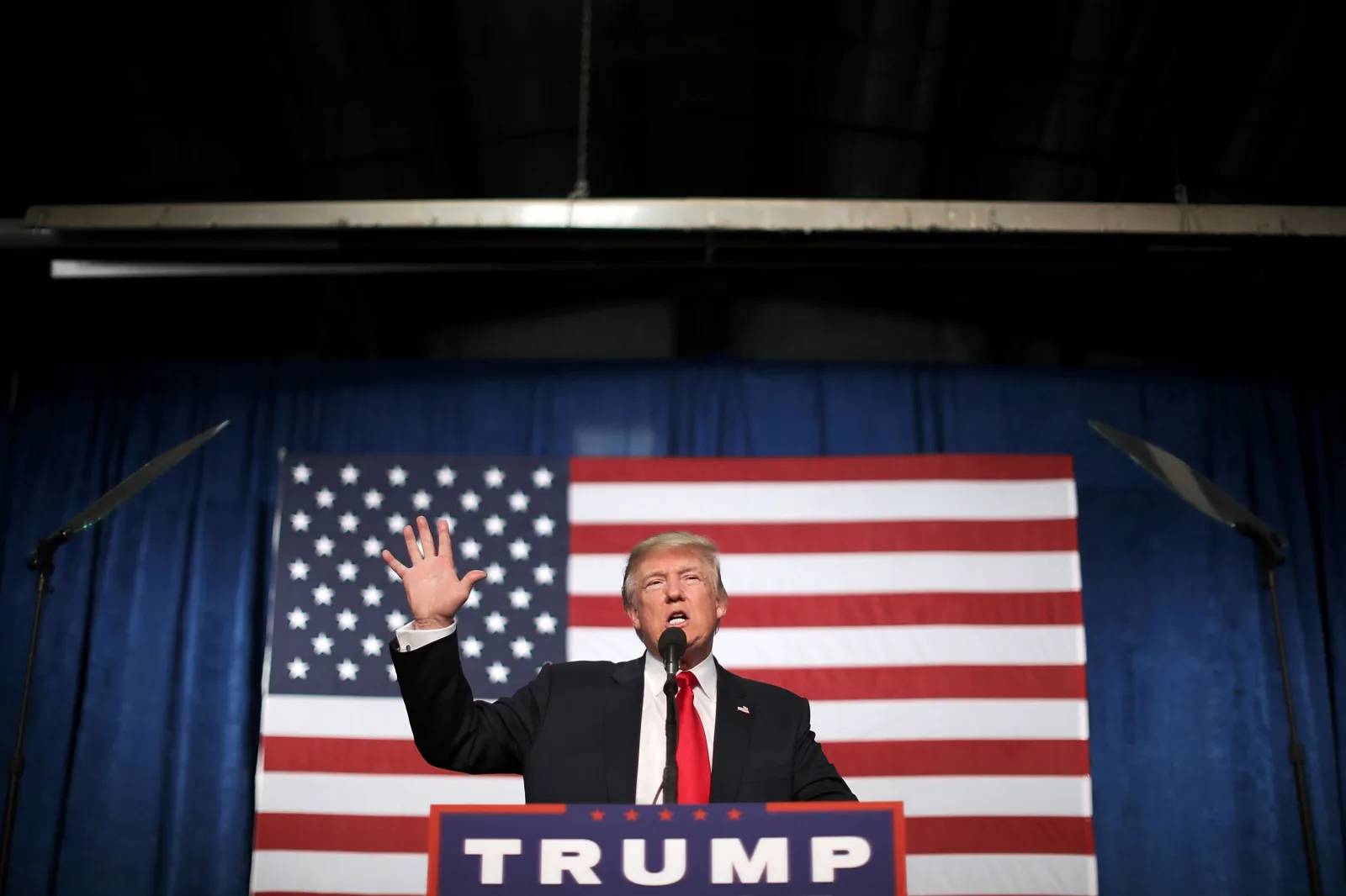 Then-Republican presidential nominee Donald Trump addresses a campaign rally in the Rodeo Arena at the Jefferson County Fairgrounds on October 29, 2016, in Golden, Colorado.