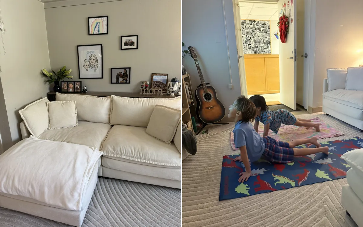Grace D'Amato and Finley's dorm and Finley playing with one of his friends.