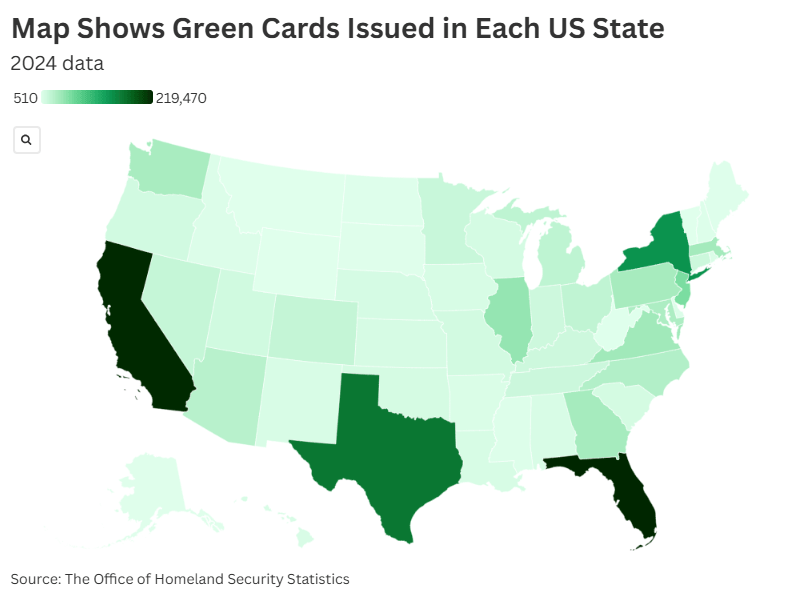 Map Shows New Green Cards Issued in Each US State