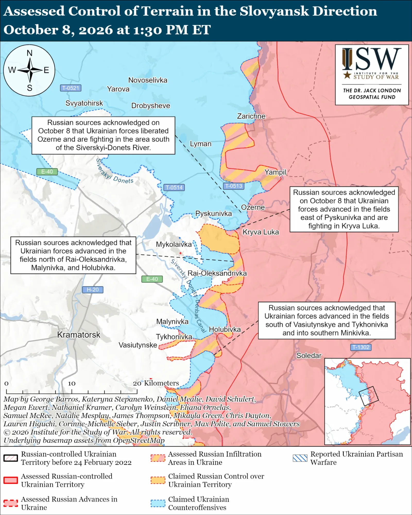 This map by the Institute for the Study of War (ISW) from October 8, 2026, shows four areas where Ukrainian forces have made breakthroughs in the Donbas region.