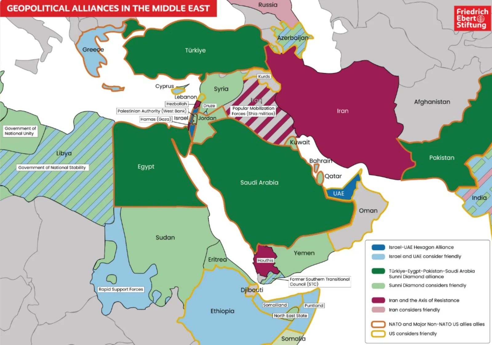 This map by the Friedrich-Ebert-Stiftung institute shows regional alliances in the Middle East. It was presented at a security briefing by Israeli Prime Minister Benjamin Netanyahu.