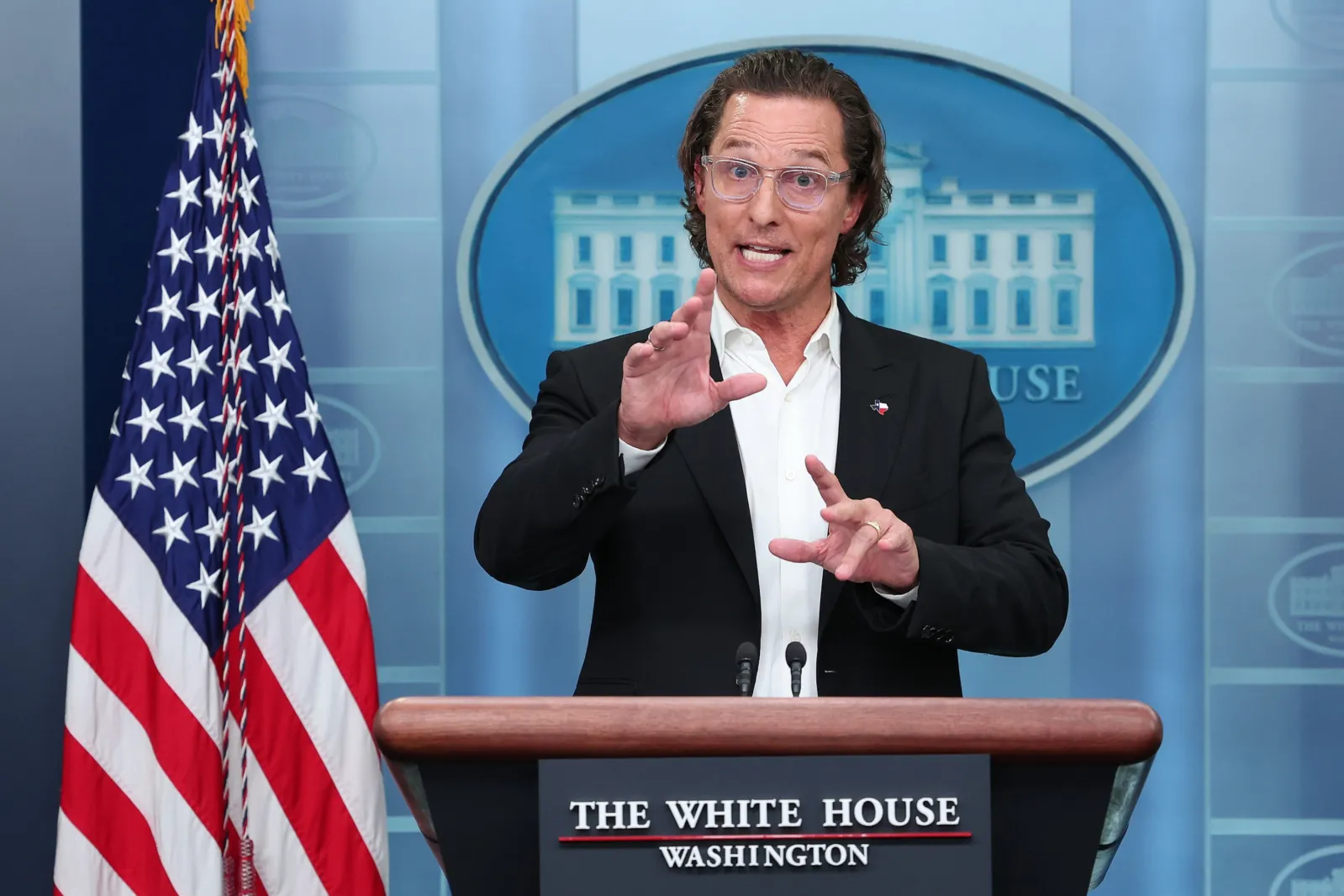 Matthew McConaughey talks to reporters during the daily news conference in the Brady Press Briefing Room at the White House on June 7, 2022 in Washington, D.C.