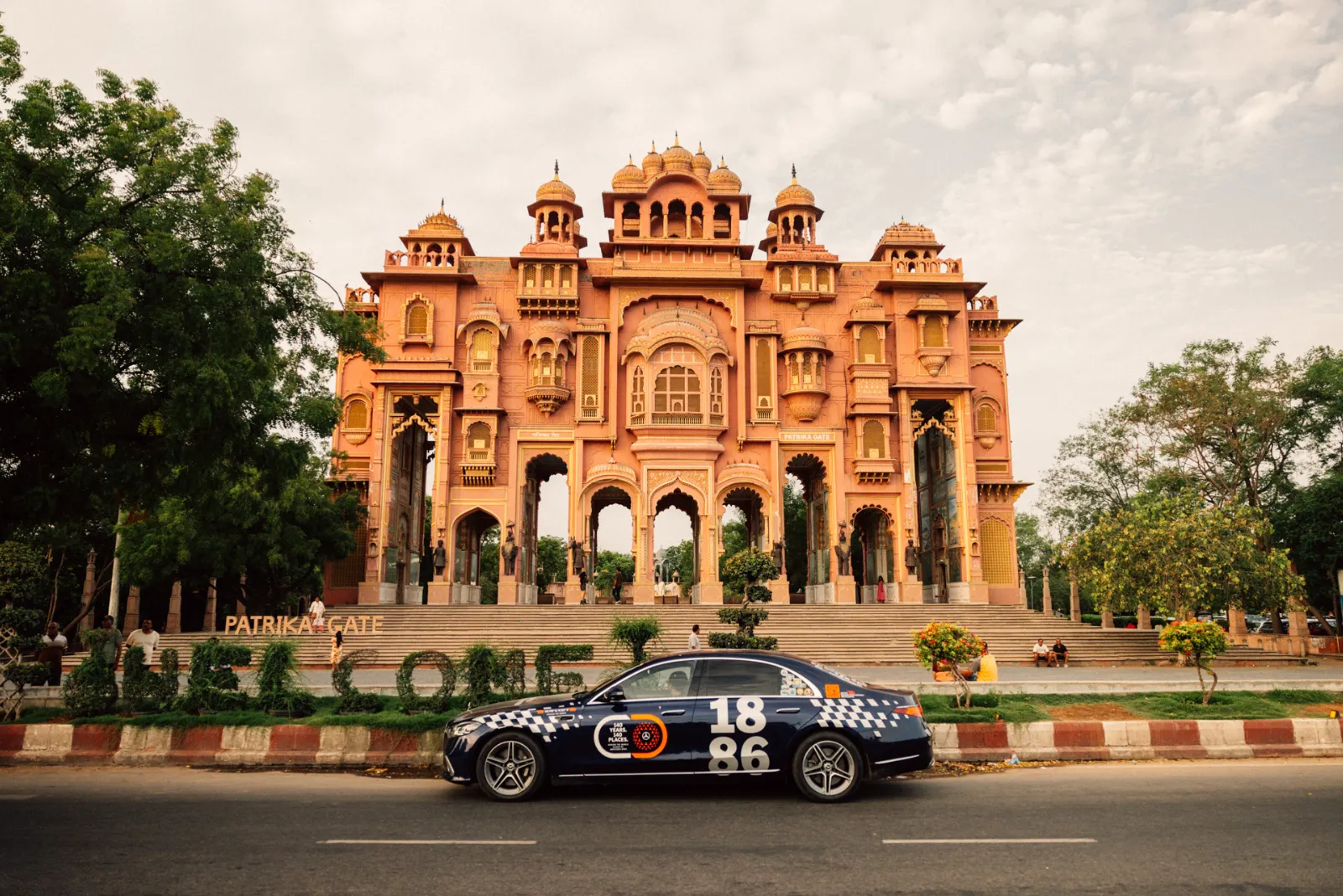 Mercedes-Benz S-Class being driven in front of Patrika Gate in Jaipur, India as part of the “140 Years. 140 Places” tour.