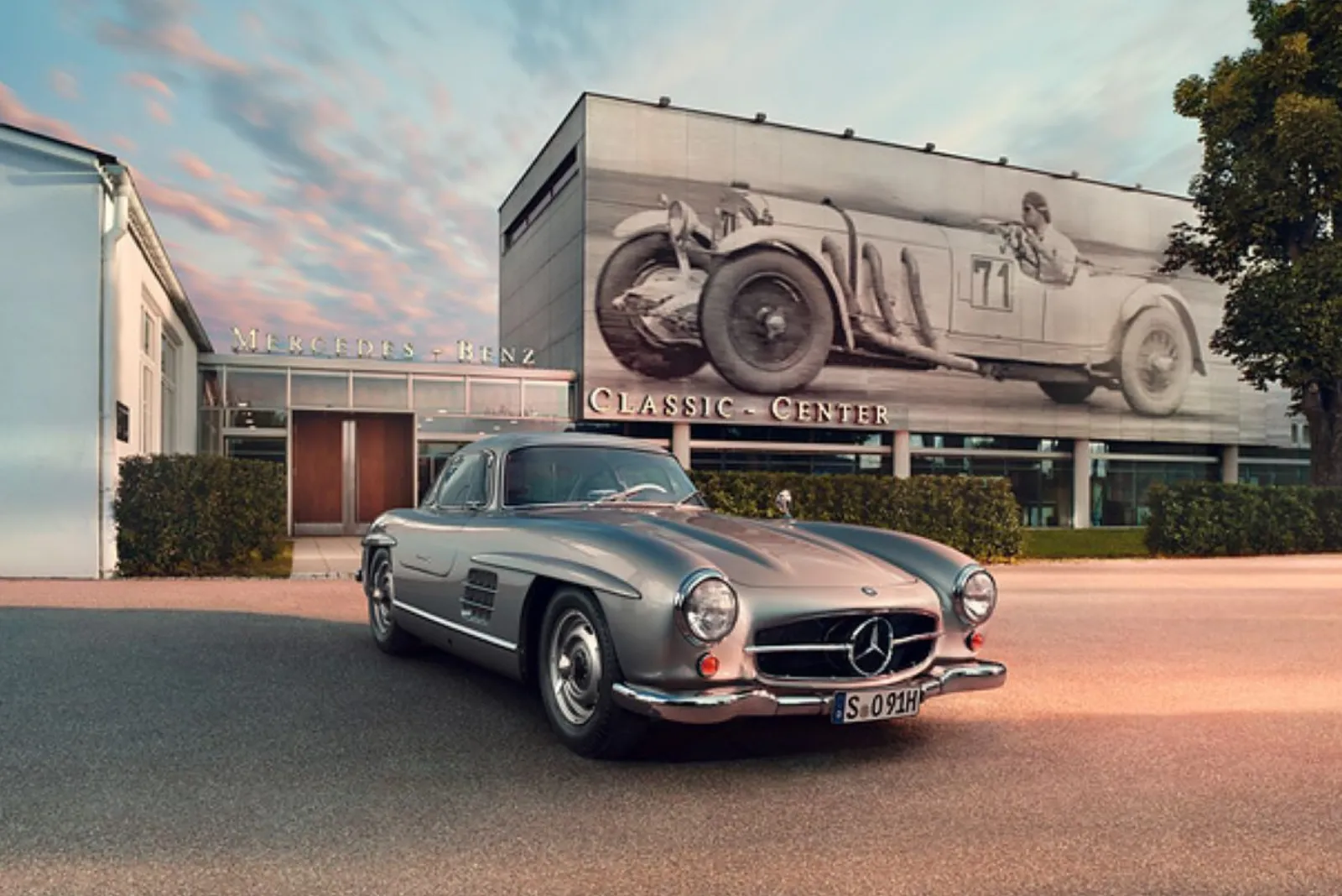 A car parked outside the Mercedes-Benz Classic Center in Fellbach, Germany, ahead of the center's exterior renovation.