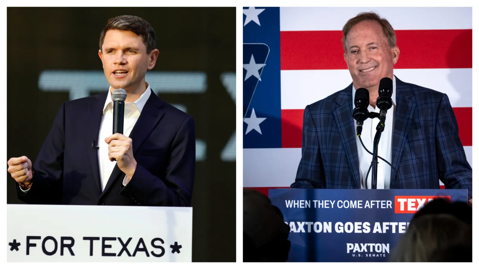 Texas Democratic Senate candidate James Talarico speaks at a rally at the Red Tail Pavilion on October 18, 2026 in Plano, Texas (L). Texas Republican Senate candidate, Texas Attorney General Ken Paxton speaks during a rally at Southern Roots Brewing Co. on October 17, 2026 in Killeen, Texas. (R)