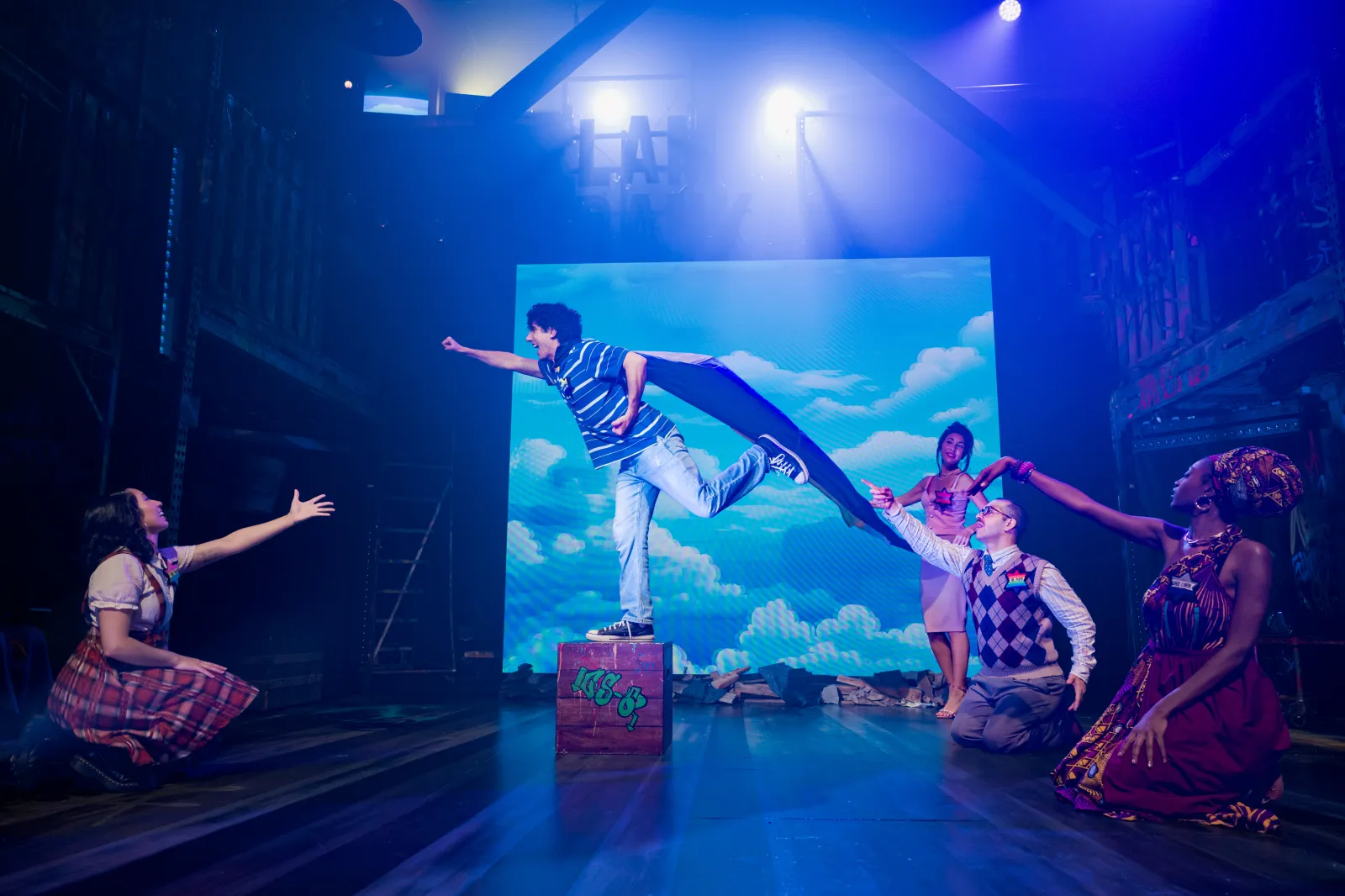 (left to right) Olivia Bernabe, Alex Lewis, Jaz Zepatos, Rocky Paterra and Austen Horne in Slam Frank.