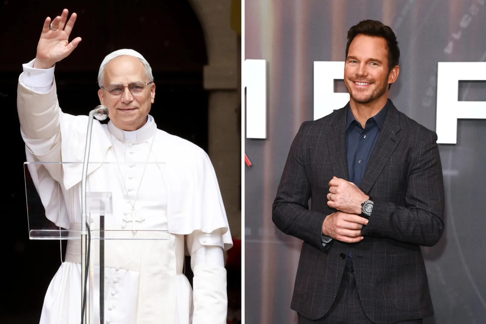 Pope Leo XIV presides over the traditional Marian prayer of the Angelus in Castel Gandolfo on July 13, 2025, in Albano Laziale, Italy, and Chris Pratt attends the London photocall for "Mercy" at the Claridge's Hotel on January 8 in London.