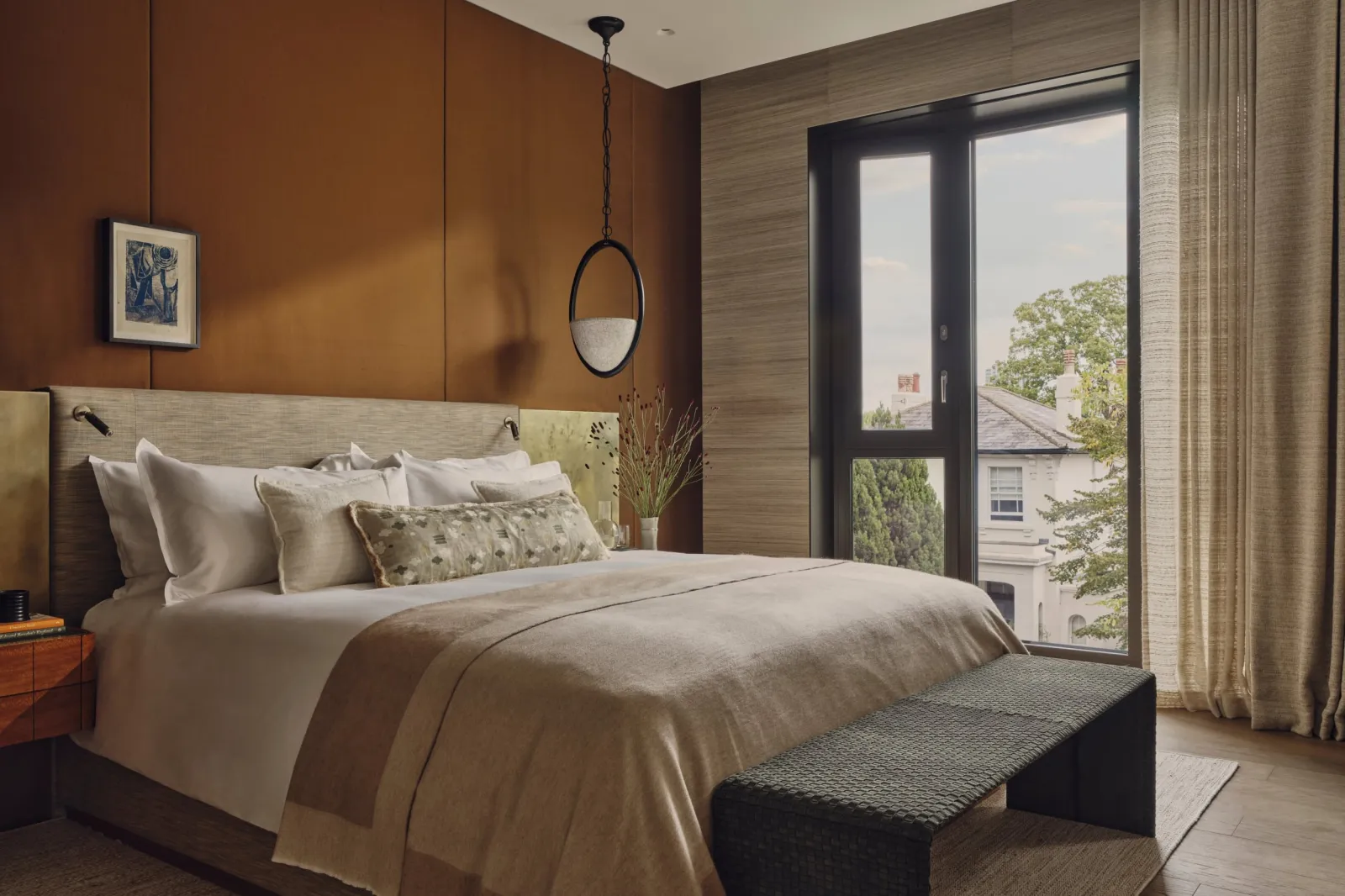 A view of a bedroom in a show apartment of St. John's Wood Square, designed by Portia Fox.