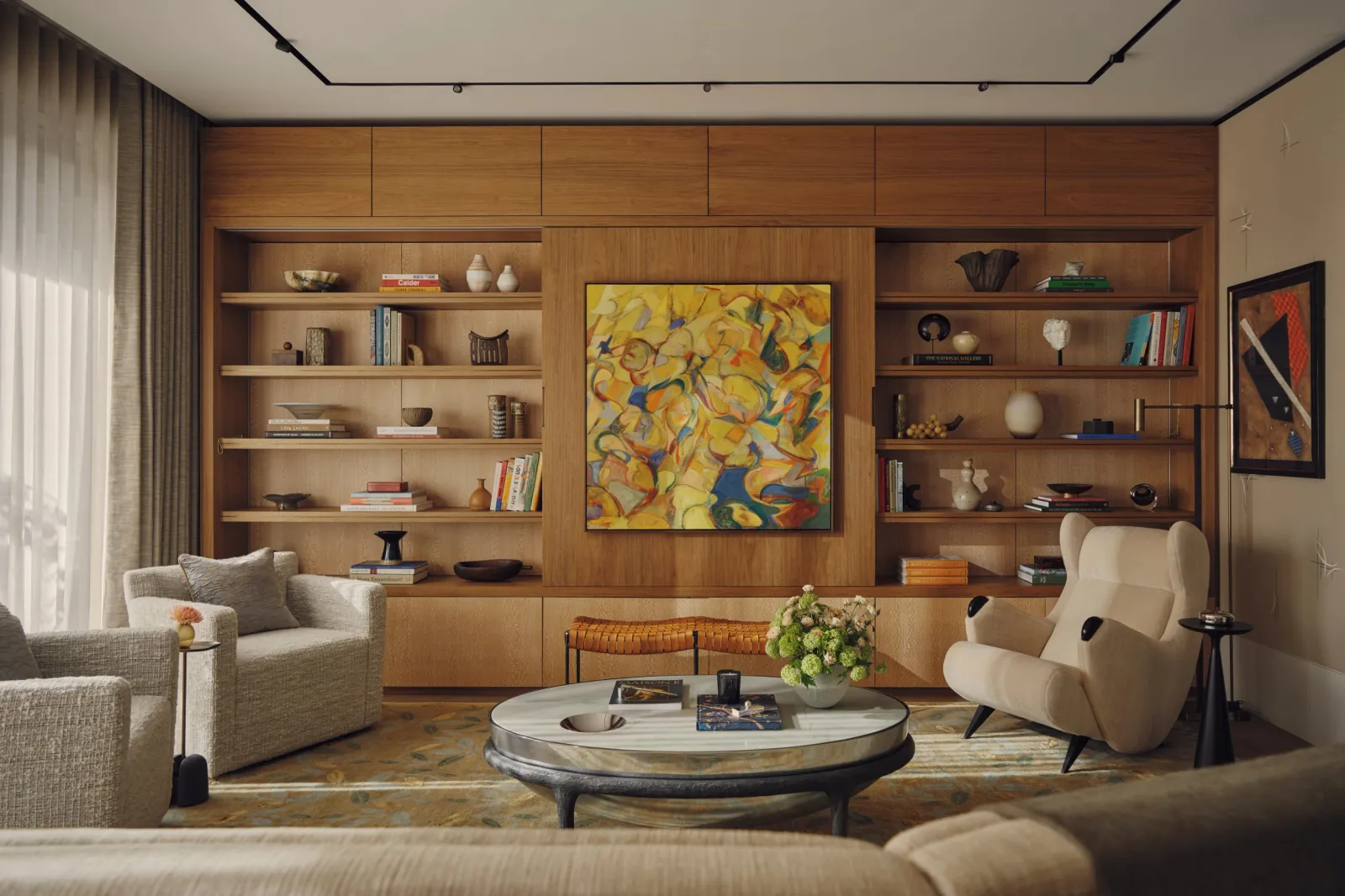 A view of a living room area in a show apartment of St. John's Wood Square, designed by Portia Fox.