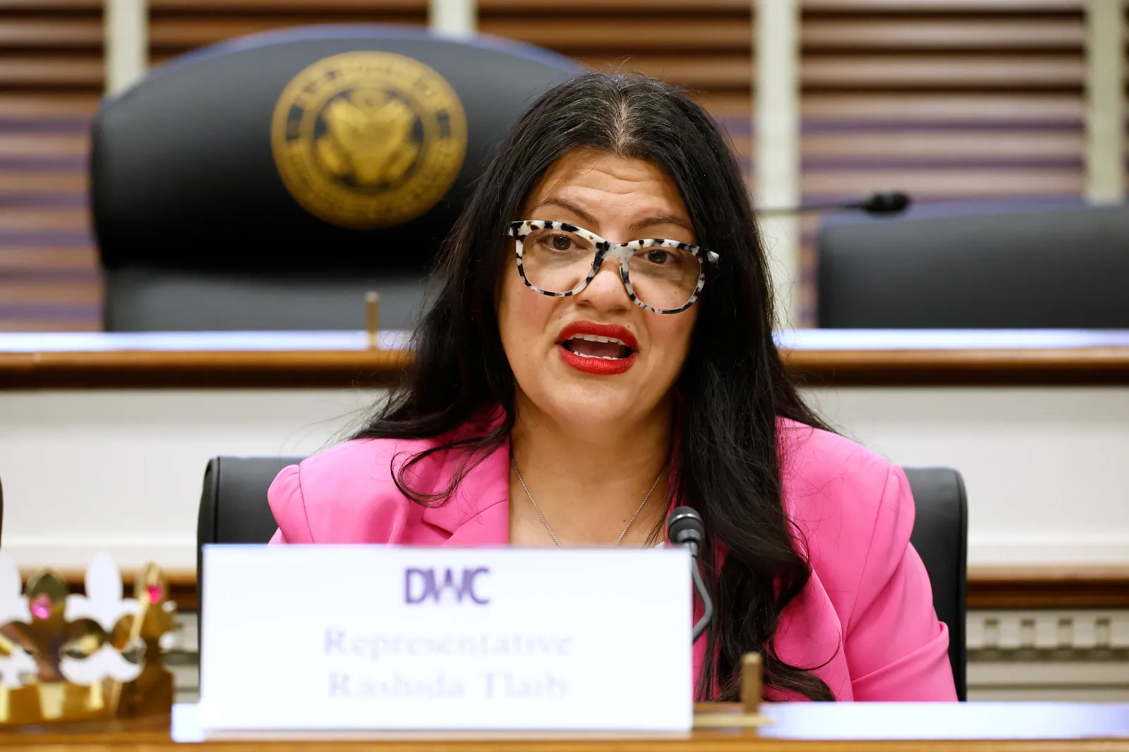 Representative Rashida Tlaib, a Michigan Democrat, speaks at the Rayburn House Office Building on April 28 in Washington, D.C.