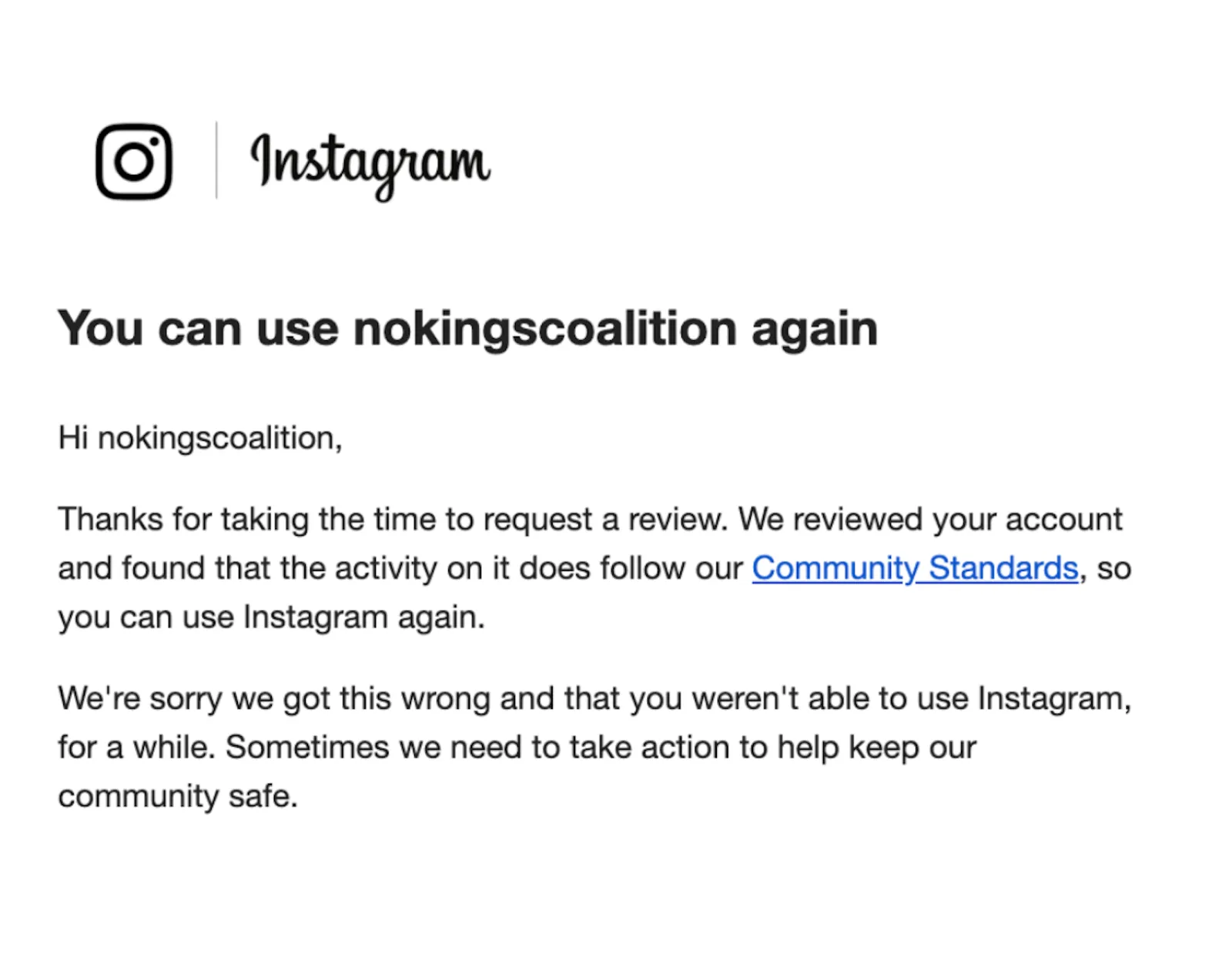 A screenshot from "No Kings" that showed access had been restored.