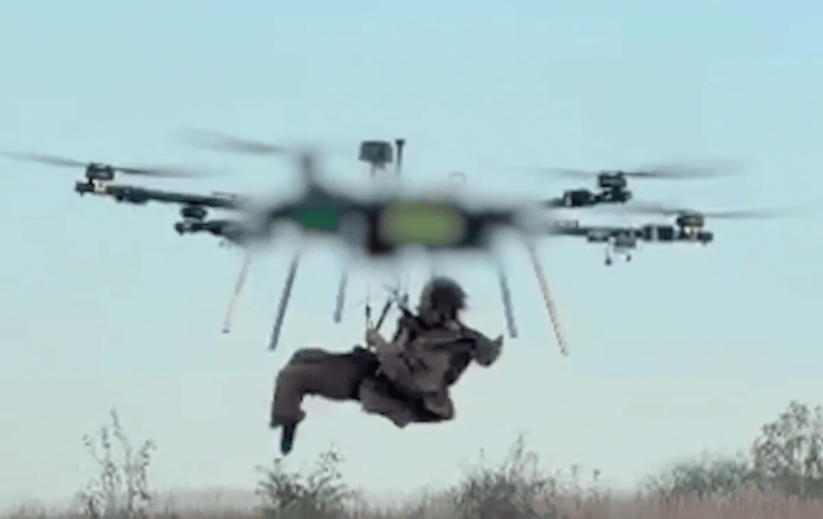 A screengrab from a video published by Ukraine's 92nd Separate Assault Brigade on Monday, October 19, 2026, purporting to show the first operation in which a wounded soldier has been airlifted to safety by a heavy aerial drone.