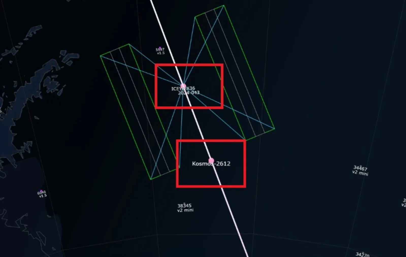 This graphic from satellitemap.space shows Kosmos 2612's approach to ICEYE-X36.
