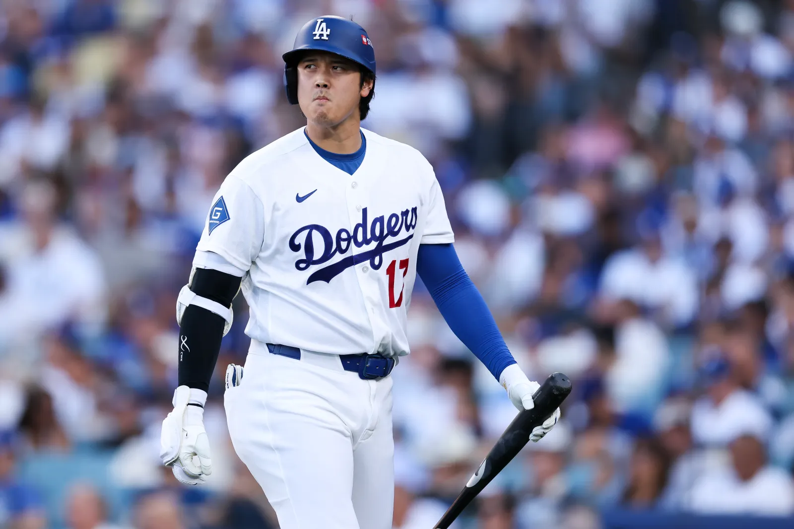 LOS ANGELES, CALIFORNIA - OCTOBER 04: Shohei Ohtani #17 of the Los Angeles Dodgers reacts after striking out during the first inning against the Atlanta Braves in game two of the National League Division Series at Dodger Stadium on October 04, 2026 in Los Angeles, California. (Photo by Luke Hales/Getty Images)