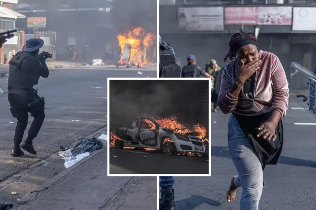 South African Police Service officers fire rubber bullets (left) as clashes erupt between protesters and foreign nationals, while visibly shaken residents take cover (right), cars are torched and shops looted.