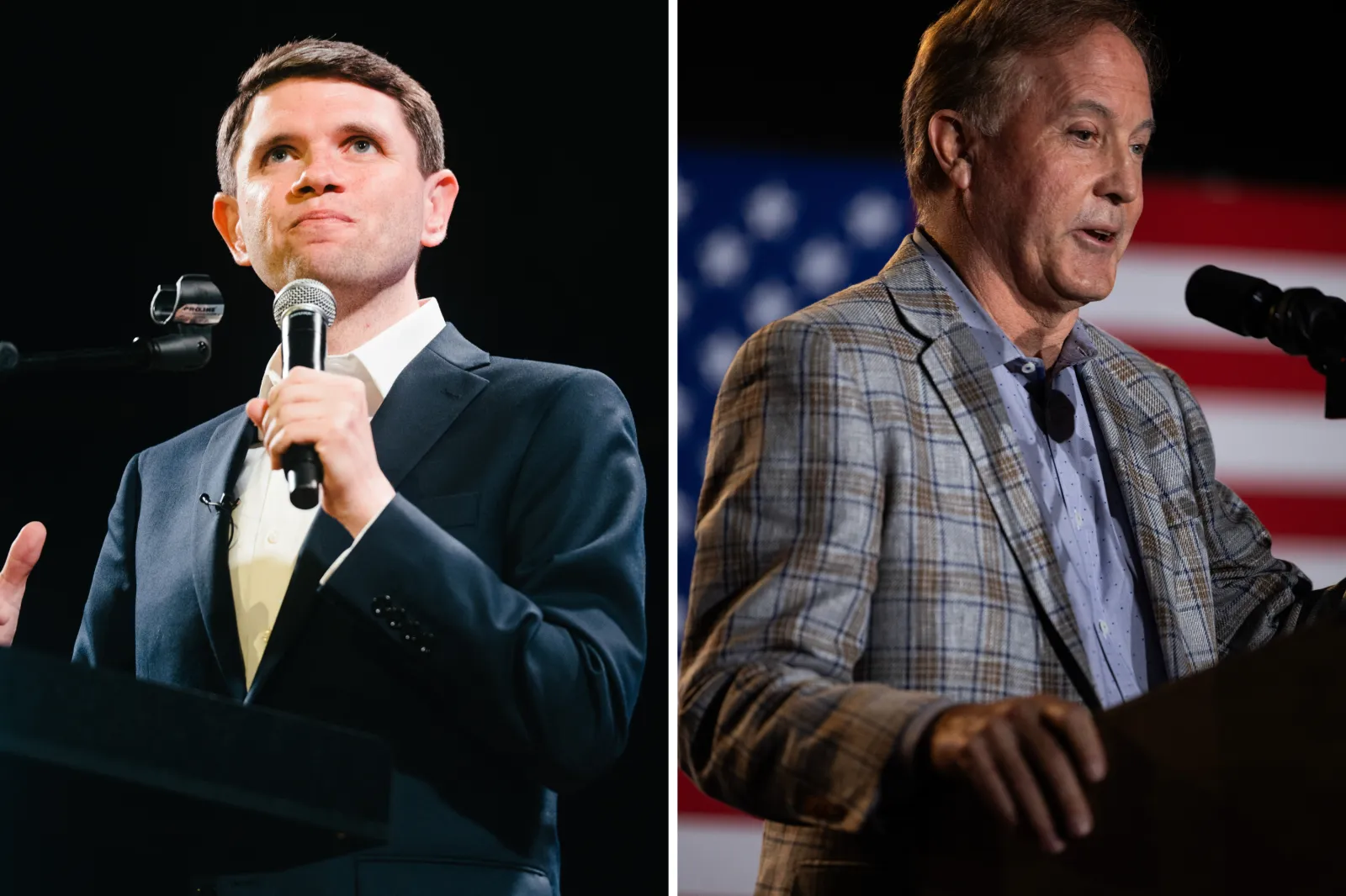 Left: Democratic state Representative James Talarico speaks during a campaign event on March 1, 2026, in San Antonio. Right: Texas Attorney General Ken Paxton speaks during a campaign event on September 21, 2026, in Houston.