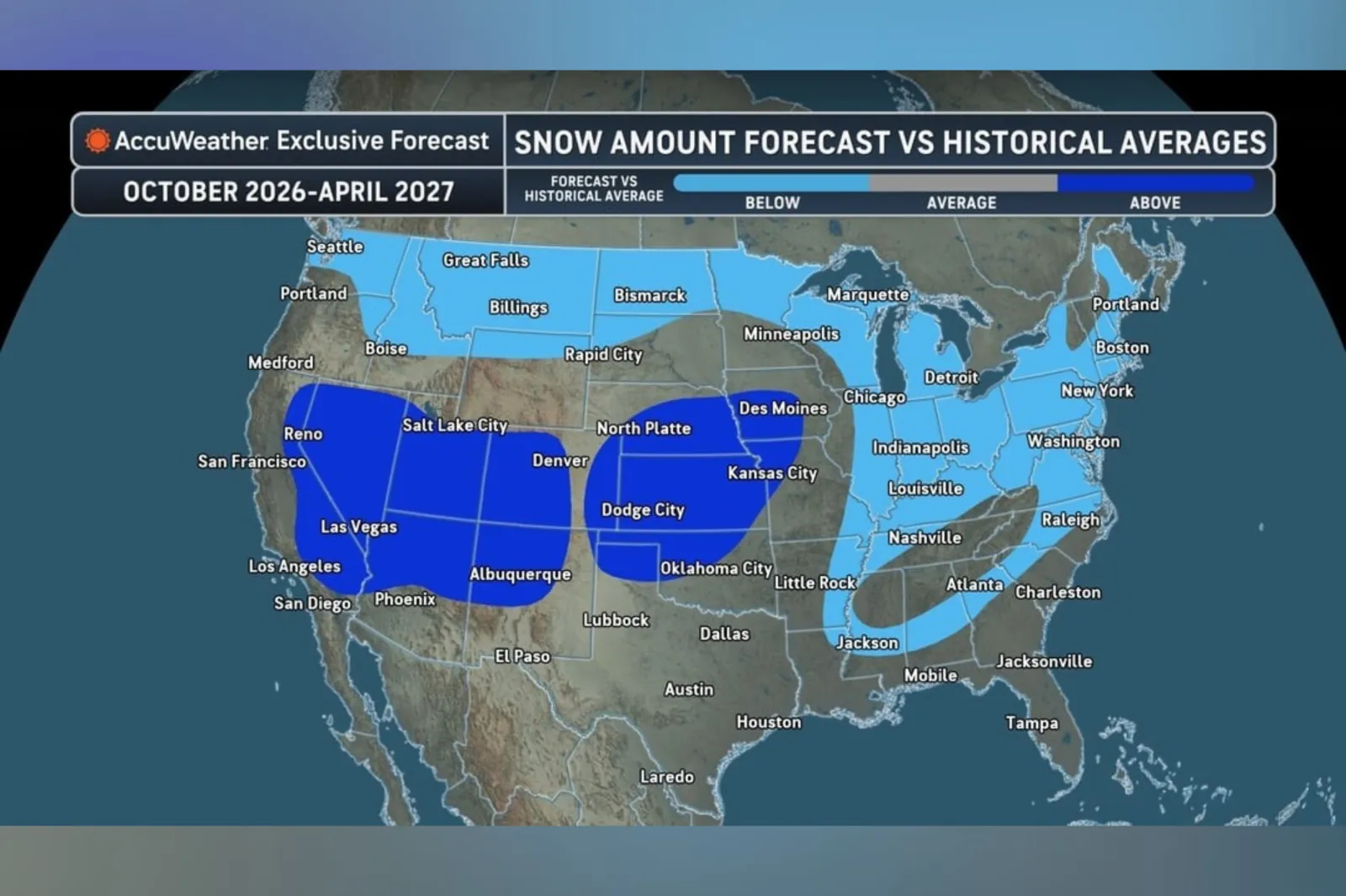 AccuWeather's forecast maps shows how snowfall could compare to average across the U.S. this winter.