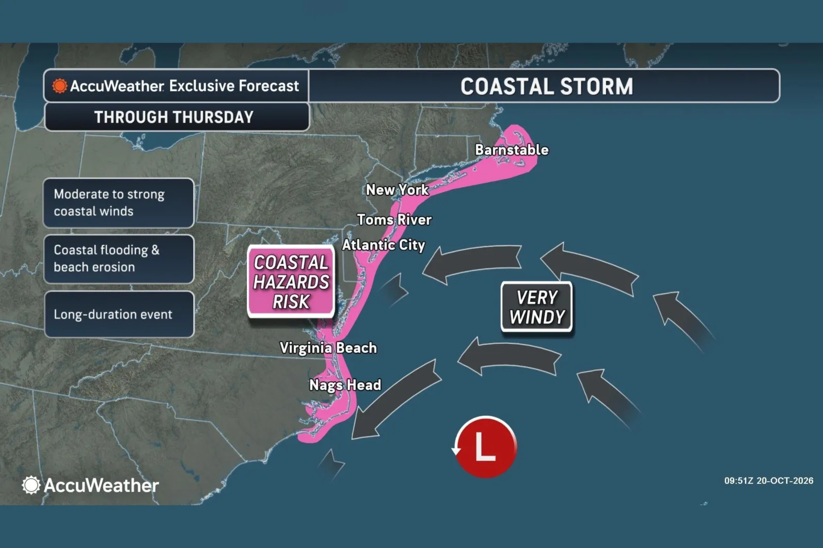AccuWeather's forecast map shows states facing coastal flooding, erosion and winds this week.