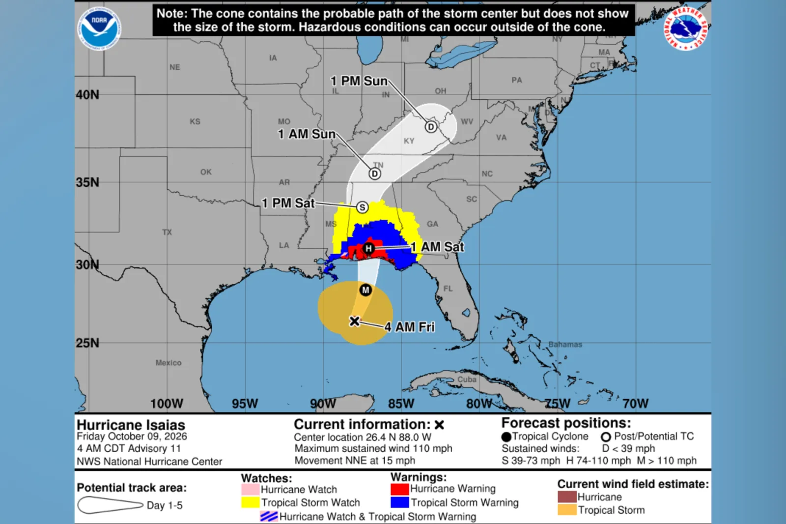 This NHC graphic shows the system's expected path and where watches and warnings have been issued.