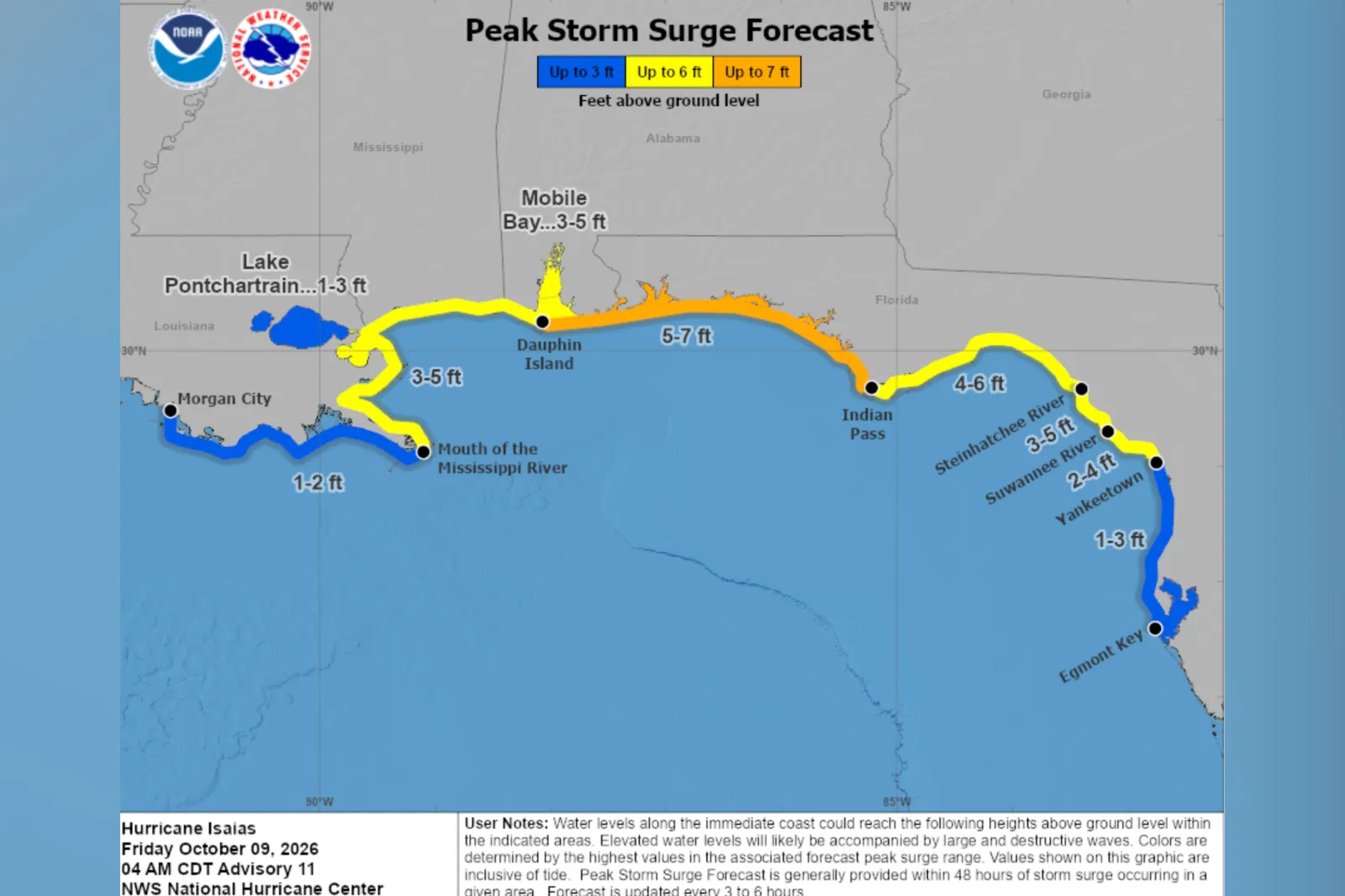 An NHC map showing where storm surge is expected.