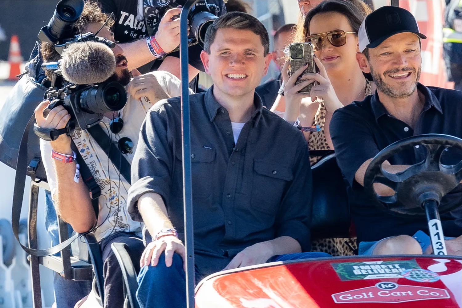 James Talarico rides in a golf cart as he attends the 2026 Austin City Limits Music Festival on October 9, 2026.