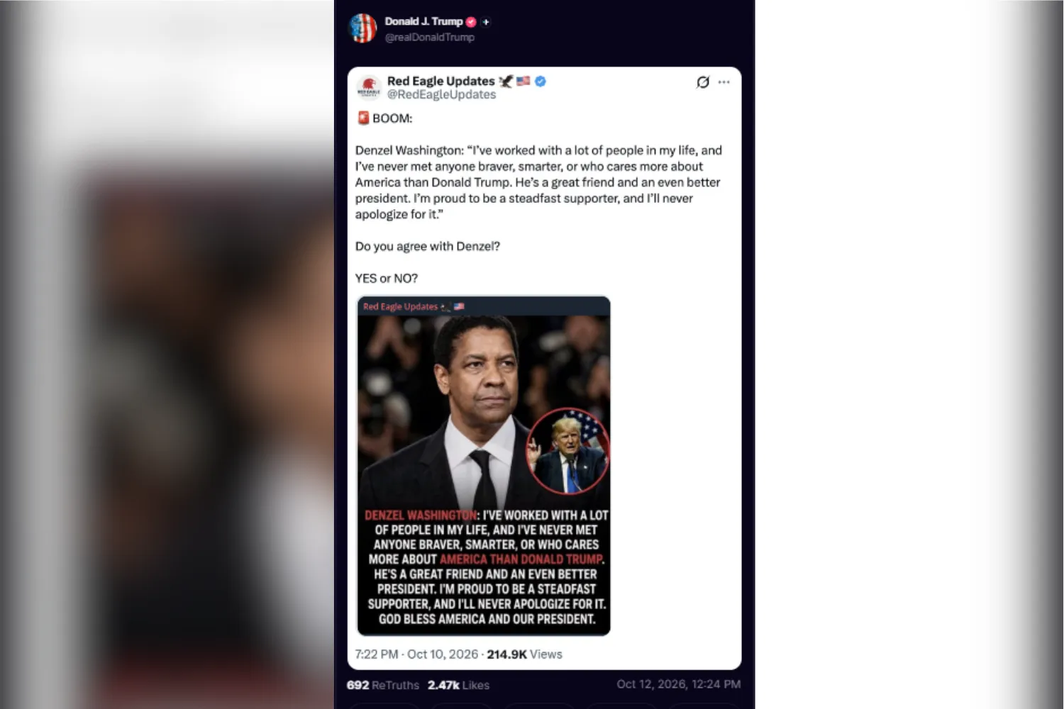 A picture of the post shared on President Donald Trump's Truth Social account that showed a fake endorsement from Denzel Washington.