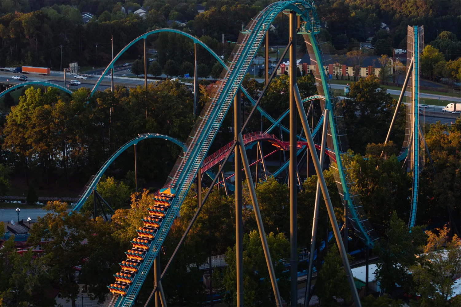 The train of the Goliath roller coaster is seen on the track where it was evacuated at Six Flags over Georgia on October 14, 2026 in Austell, Georgia.
