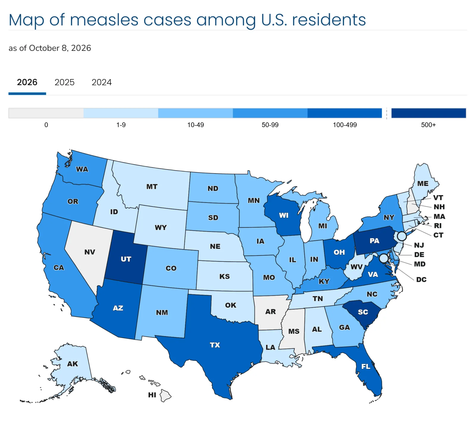 Map of measles cases among U.S. residents as of October 8, 2026.