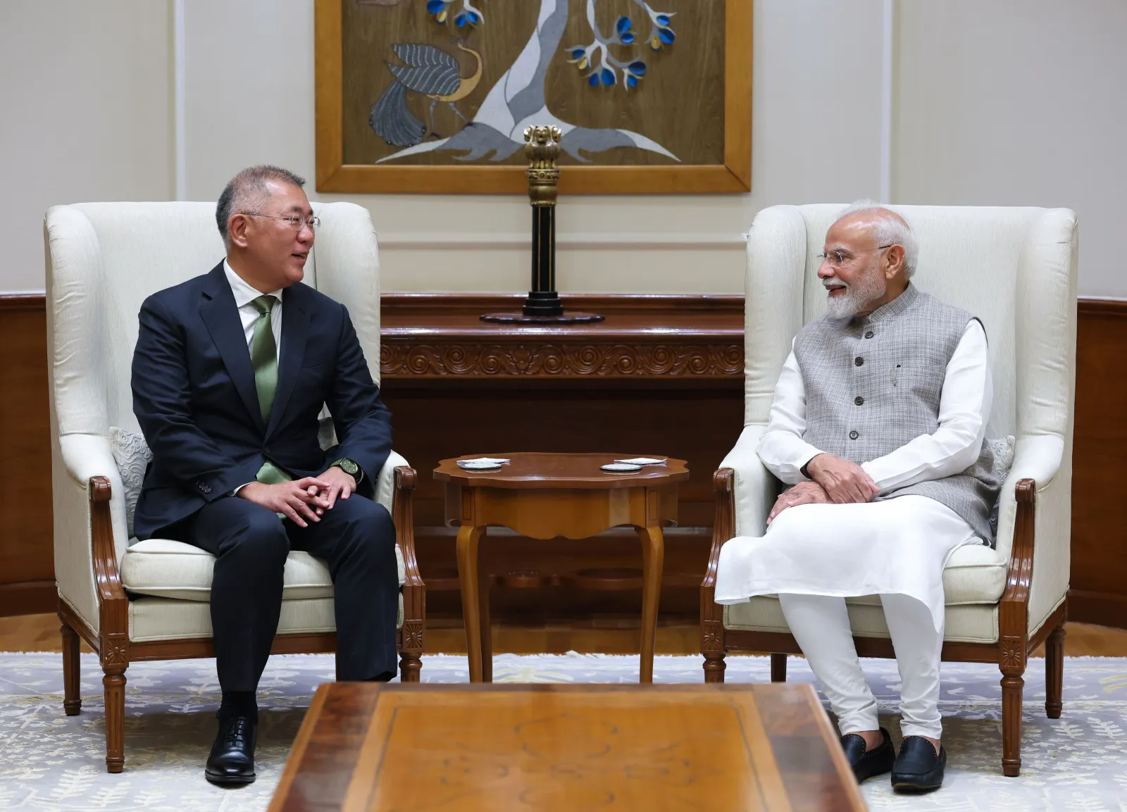 Indian Prime Minister Narendra Modi and Hyundai Motor Group Executive Chair Euisun Chung at the Prime Minister’s Office in New Delhi on October 13, 2026